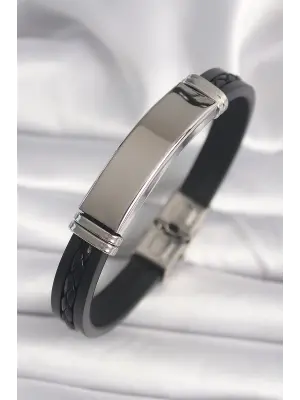 316L Çelik Gümüş Renk Burgu İşlemeli Siyah Deri Kordon Erkek Bileklik