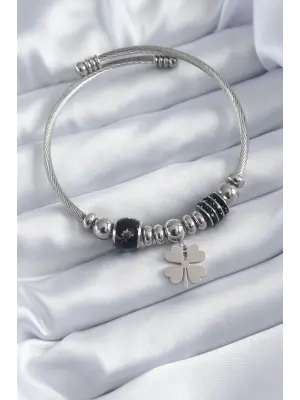 316L Çelik Gümüş Renk Charm Model Yonca Figür Zirkon Taş Detay Kadın Bileklik