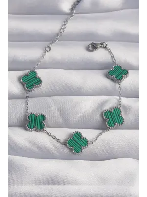 316L Çelik Gümüş Renk Çizgili Yeşil Mineli Yonca Bileklik