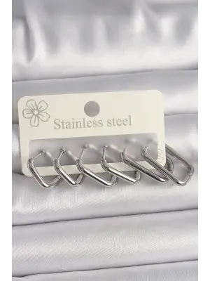   Gümüş Çoklu Kare Model Çelik Küpe Seti