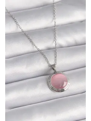  Gümüş  Daire Pembe Sedefli Model  Çelik Kolye