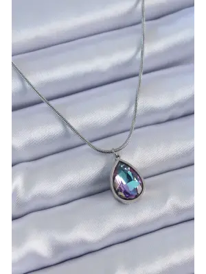  Gümüş  Damla Kristal Taş Model  Çelik Kolye