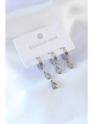 316L Çelik Gümüş Renk Damla Zirkon Taşlı Kadın Küpe