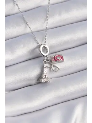  Gümüş  Eyfel Kule Fotoğraf Makinesi Model Charm  Çelik Kolye