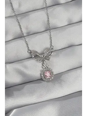  Gümüş  Fiyonk Detay Pembe Zirkon Taşlı Tektaş Çelik Kolye