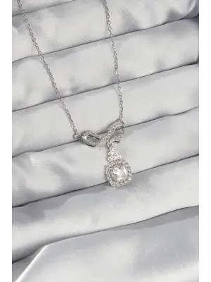  Gümüş  Fiyonk Detay Zirkon Taşlı Tektaş Çelik Kolye