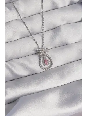  Gümüş  Fiyonk Detaylı Pembe Zirkon Taşlı Damla Model Çelik Kolye