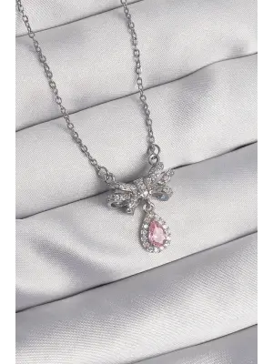 Gümüş Fiyonk Detaylı Pembe Zirkon Taşlı Damla Model Çelik Kolye