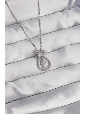  Gümüş  Fiyonk Detaylı Zirkon Taşlı Damla Model Çelik Kolye