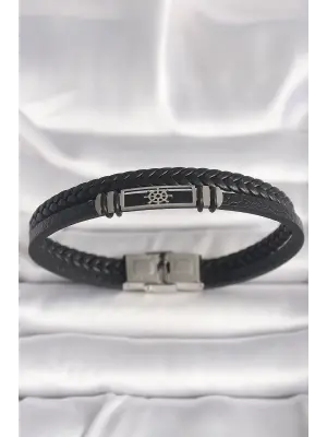 316L Çelik Gümüş Renk Gemi Dümeni Figür Siyah Burgu Deri Kordon Model Erkek Bileklik