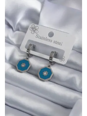   Gümüş Geometrik Model Zirkon Taş Detay Çelik Küpe