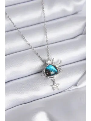 316L Çelik Gümüş Renk Gezegen Model Zirkon Taşlı Yıldız Detay Kadın Kolye