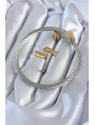 316L Çelik Gümüş Renk Gold Detay Sarmal Model Erkek Bileklik Yüzük Kombini