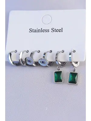   Gümüş Göz Detay Oval Tasarım Yeşil Zirkon Taşlı Kare Model Küpe Seti