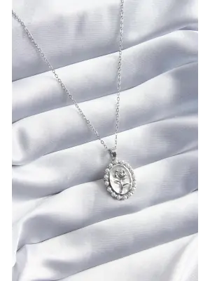  Gümüş  Gül Model İnci Detay  Çelik Kolye