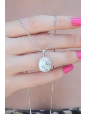 316L Çelik Gümüş Renk Gül Portre Model Kadın Kolye