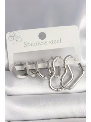 316L Çelik Gümüş Renk Halka Kalp Model Kadın Küpe Seti