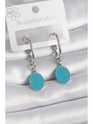   Gümüş Halka Model Mavi İşlemeli Detay Çelik Küpe