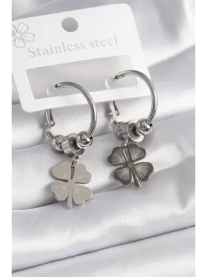   Gümüş Halka Model Yonca Figür Çelik Küpe