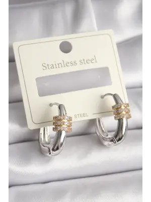   Gümüş Halka Zirkon Gold Zirkon Taşlı Çelik Küpe