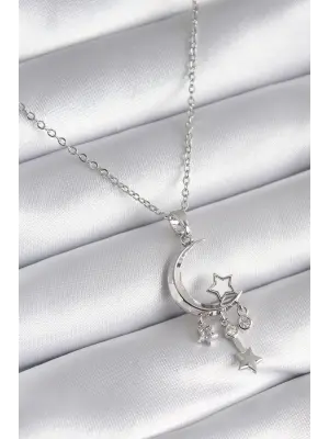  Gümüş  Hilal Figür Zirkon Taşlı Yıldız Detay  Çelik Kolye