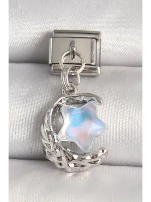 316L Çelik Gümüş Renk Hilal Mavi Mineli Yıldız Model Nomination Charm