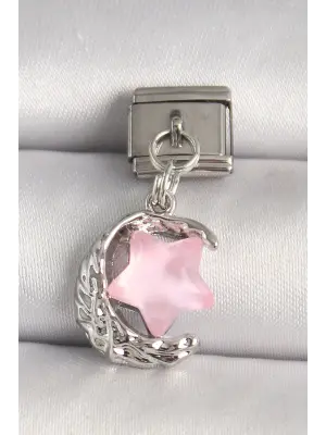 316L Çelik Gümüş Renk Hilal Pembe Mineli Yıldız Model Nomination Charm