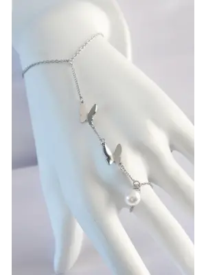 316L Çelik Gümüş Renk İnci Detay Kelebek Tasarımlı Şahmeran