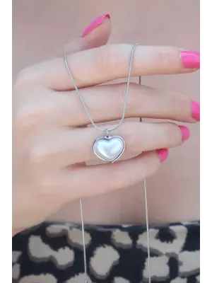 316L Çelik Gümüş Renk İnci Kalp Model Kadın Kolye