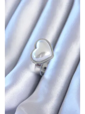 316L Çelik Gümüş İncili Kalp Model Çelik Yüzük