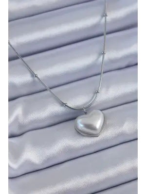  Gümüş  İncili Kalp Model Minimal Top Detay  Çelik Kolye