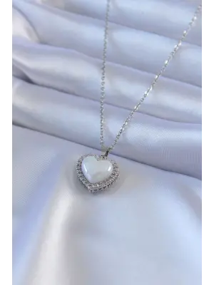  Gümüş  İncili Kalp Model Zirkon Taşlı  Çelik Kolye