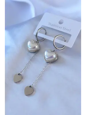 316L Çelik Gümüş Renk İncili Kalp Sallantı Model Kadın Küpe