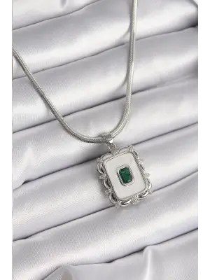  Gümüş  İtalyan Zincir Beyaz Sedefli Kare Portre Model Zümrüt Taş Detay  Çelik Kolye