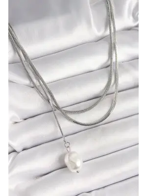 316L Çelik Gümüş Renk İtalyan Zincir Model Sallantı İnci Figür Kadın Kolye