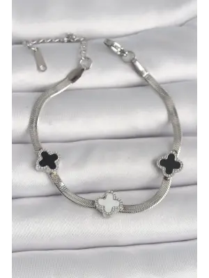 316L Çelik Gümüş Renk İtalyan Zincir Model Siyah Beyaz Yonca Model Kadın Bileklik