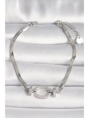 316L Çelik Gümüş Renk İtalyan Zincir Model Zirkon Taşlı Halka Figür Kadın Bileklik