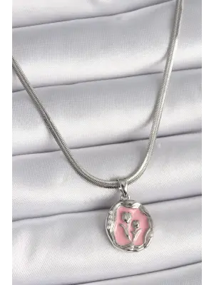  Gümüş  İtalyan Zincir Pembe Çiçek Madalyon Model  Çelik Kolye