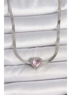 316L Çelik Gümüş Renk İtalyan Zincir Pembe Zirkon Taşlı Kalp Model Kadın Kolye