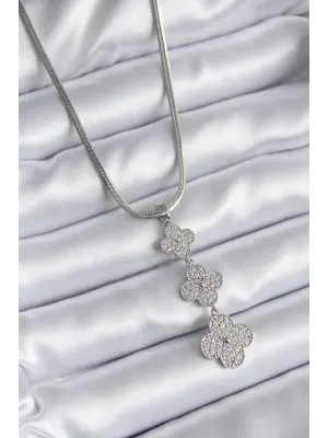  Gümüş  İtalyan Zincir Zirkon Taşı Yonca Model  Çelik Kolye