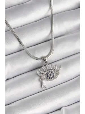  Gümüş  İtalyan Zincir Zirkon Taşlı Göz Model  Çelik Kolye
