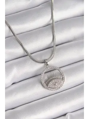  Gümüş  İtalyan Zincir Zirkon Taşlı Göz Model  Çelik Kolye