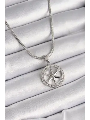  Gümüş  İtalyan Zincir Zirkon Taşlı Kutup Yıldız Model  Çelik Kolye