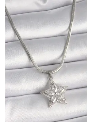  Gümüş  İtalyan Zincir Zirkon Taşlı Yıldız Model  Çelik Kolye