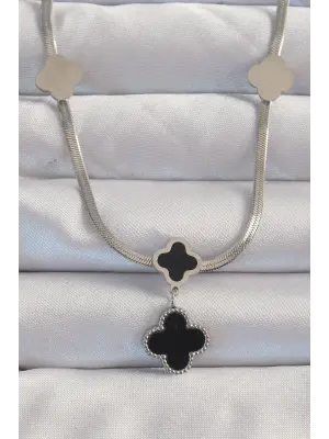  Gümüş  İtalyan Zincirli Mineli Yonca Çelik Kolye