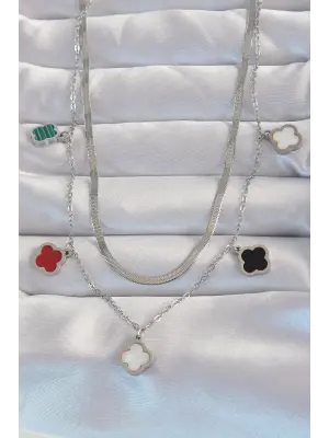  Gümüş  İtalyan Zincirli li Mineli Çoklu Yonca Çelik Kolye