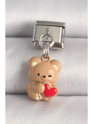 316L Çelik Gümüş Renk Kahverengi Ayıcık Model Kırmızı Kalp Detay Nomination Charm