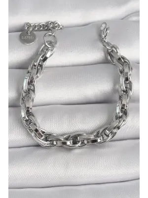 316L Çelik Gümüş Renk Kalın Zincir Model Kadın Bileklik