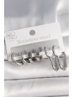 316L Çelik Gümüş Renk Kalp Halka Model Kadın Küpe Seti