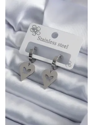   Gümüş Kalp Model Kelebek İşleme Çelik Küpe